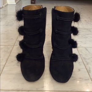 Aquazzura Black Suede Mink Pom Pom Ulyana Ankle